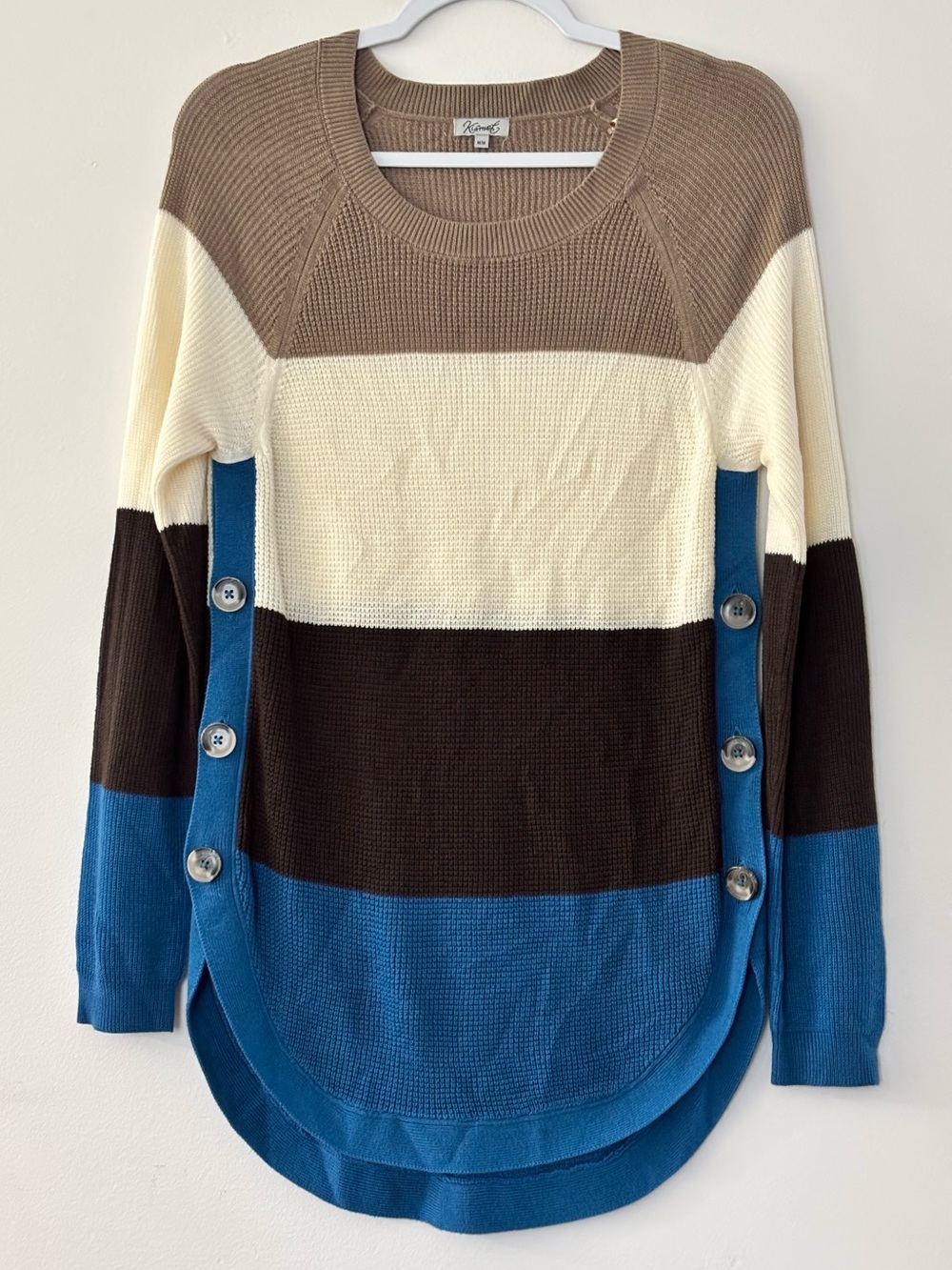 Kismet Colorblock Side-Button Crewneck Sweater - Brown/Cream/Blue